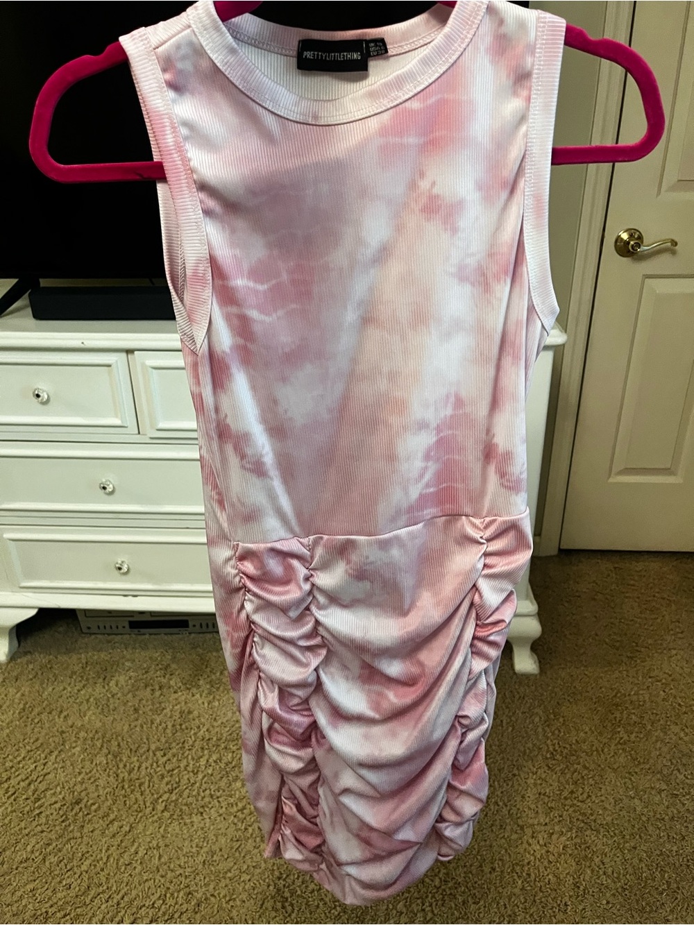 PrettyLittleThing Pink Tie-Dye Ruched Bodycon Dress